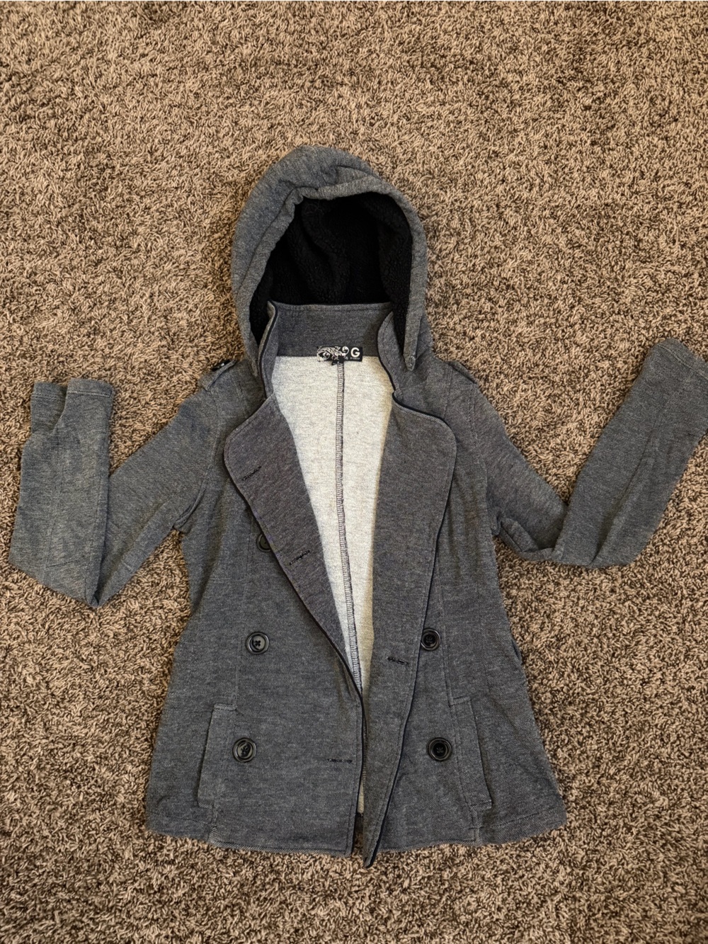 G by Guess Charcoal Gray Hooded Double-Breasted Pea Coat
